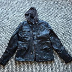 USA Leather Jacket Bomber Moto Hood Cargo Zip